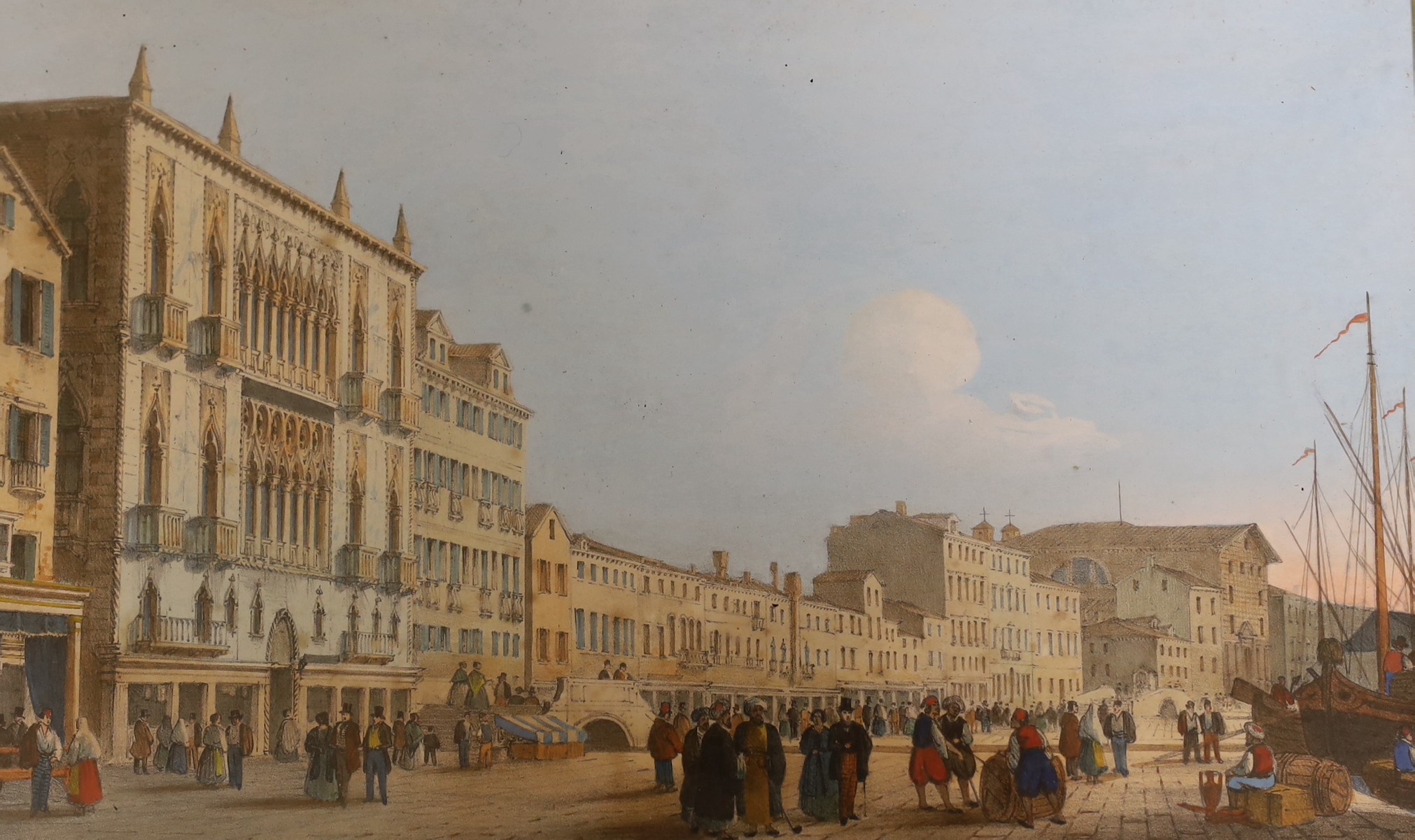 19th century English School, three hand coloured lithographs, Views of Venice, 16 x 27cm